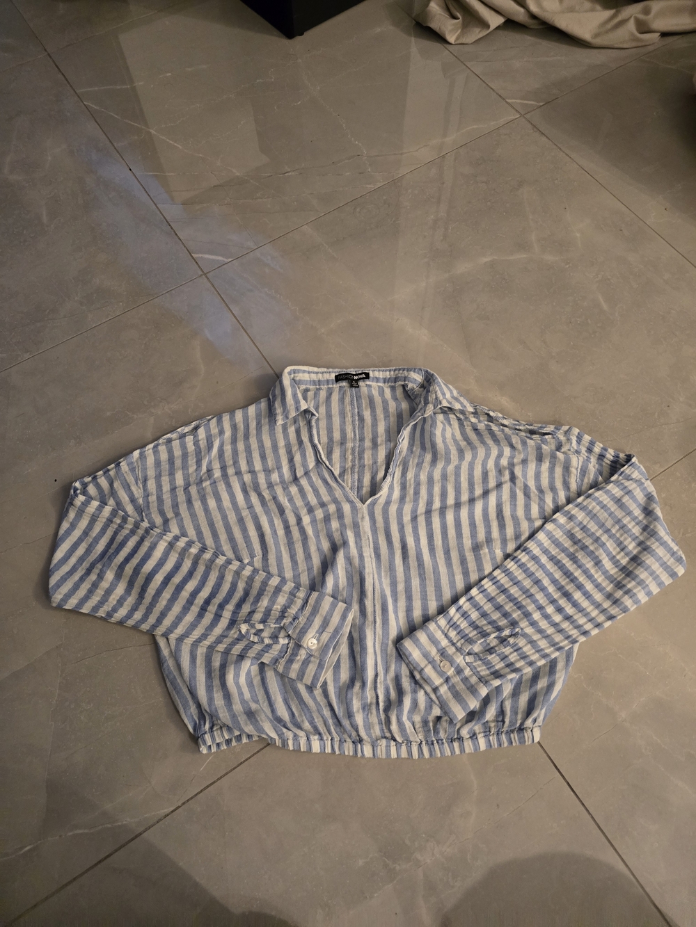 Fashion Nova Blue and White Striped Shoulder Cut-out Crop Top